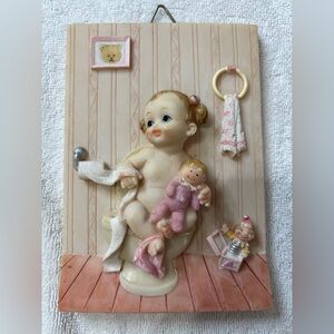 Girl On Potty Resin Plaque 6.5" X 4.5" Bathroom Decor Baby Kids Antique Art Pink